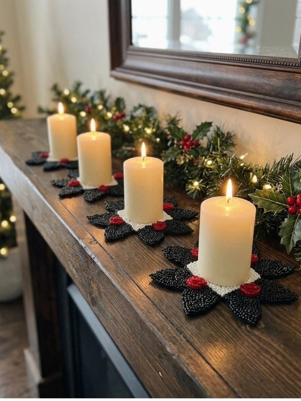 Vintage Crocheted Christmas Doilies Set of 4 Holly Under Decor Pillar Candles